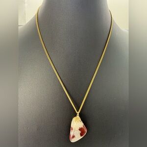 Burnt Umber Brick Red Natural Rock Stone Pendant Vintage Necklace GoldTone Gift